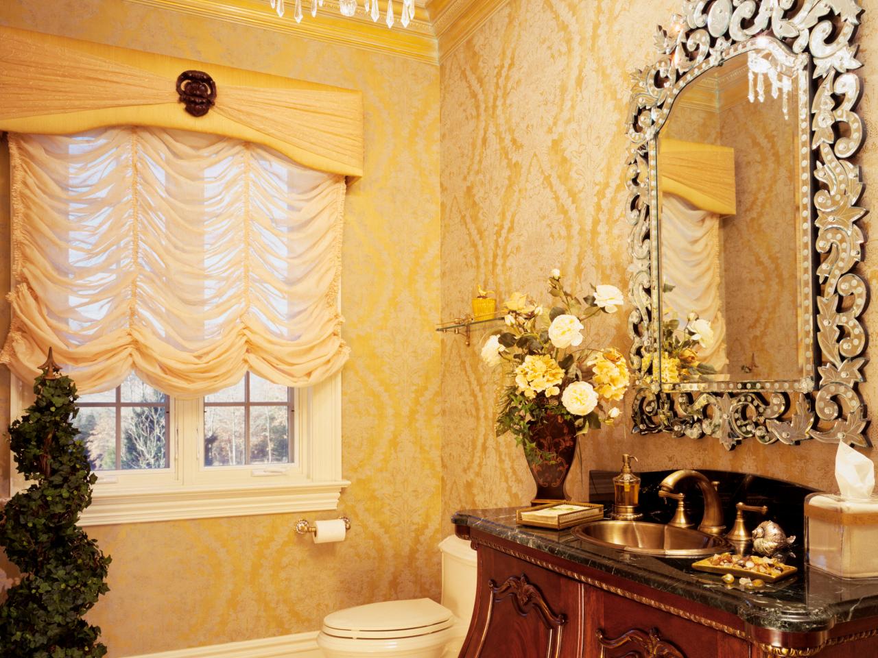Yellow Victorian Powder Room With Chandelier